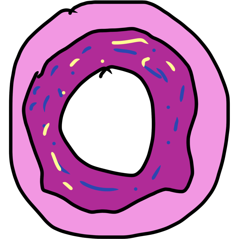  a pink donut with blue and yellow sprinkles.